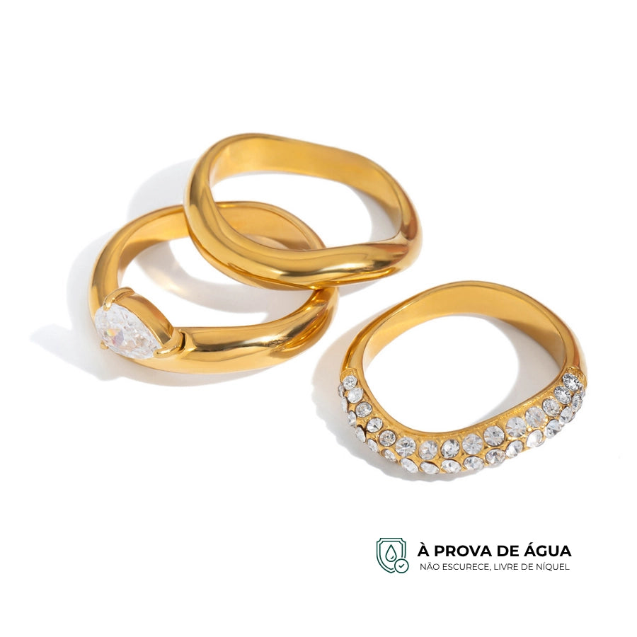 Trio de Anéis Wave -Banho em Ouro 18k